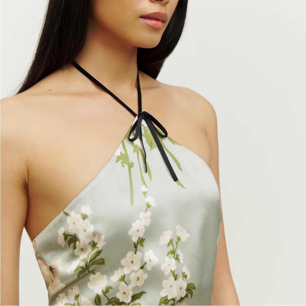 Reformation Poppie Silk Dress- Tarragon - Picture 3 of 7